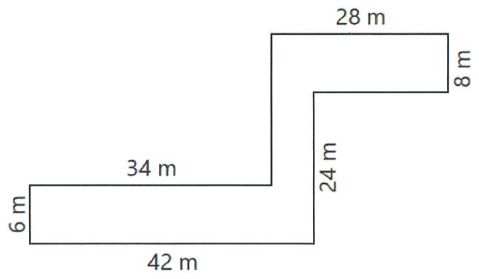 Polígono em forma de degrau com lados perpendiculares. Medidas indicadas: base inferior 42 m; lado esquerdo 6 m; lado superior esquerdo 34 m; lado vertical interno direito 24 m; lado superior direito 28 m; lado direito 8 m.
