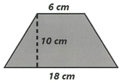 Trapézio isósceles cinza com base menor de 6 cm (em cima), base maior de 18 cm (embaixo) e altura de 10 cm indicada por um segmento tracejado vertical.