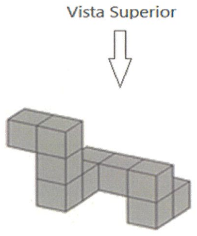 Sólido formado por cubos cinza unidos, desenhado em perspectiva, com o texto “Vista Superior” e uma seta apontando para baixo sobre ele, indicando a direção da vista superior.
