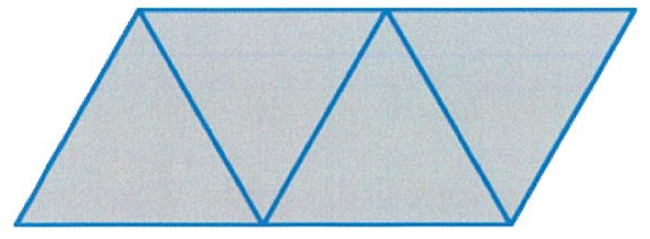 Planificação formada por quatro triângulos equiláteros cinza com contorno azul, dispostos lado a lado, alternadamente com o vértice para cima e para baixo, compondo um paralelogramo.