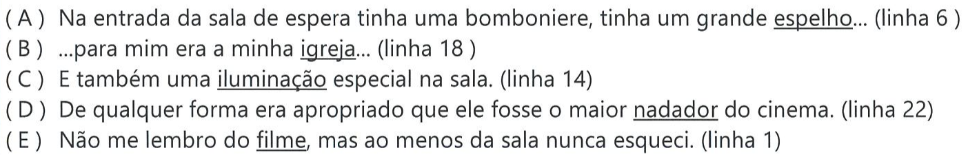 Reprodução das alternativas A a E da questão 24 com as palavras sublinhadas: (A) espelho; (B) igreja; (C) iluminação; (D) nadador; (E) filme.