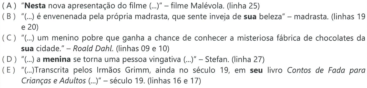 Reprodução das alternativas A a E da questão 40 com as palavras em negrito: (A) Nesta; (B) sua; (C) sua; (D) menina; (E) seu.