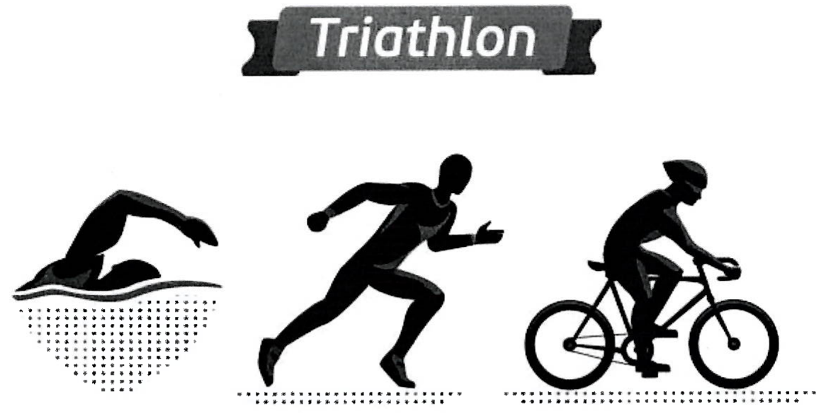 Faixa com a palavra 'Triathlon' e três silhuetas de atletas: nadador, corredor e ciclista.