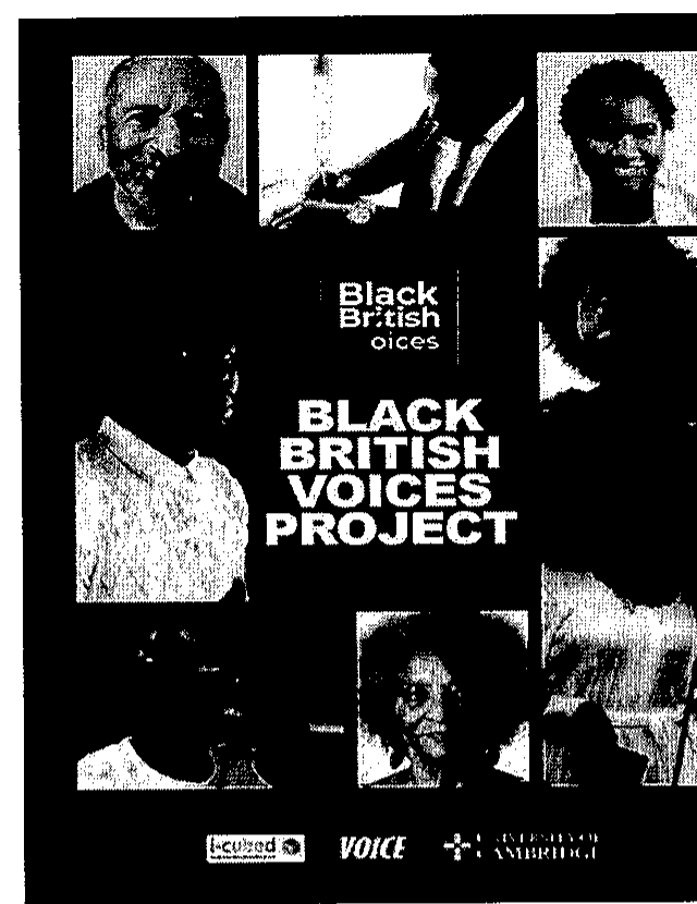 Cartaz "BLACK BRITISH VOICES PROJECT" com mosaico de fotos de pessoas negras e, na base, logotipos de I-Cubed, The Voice e University of Cambridge.