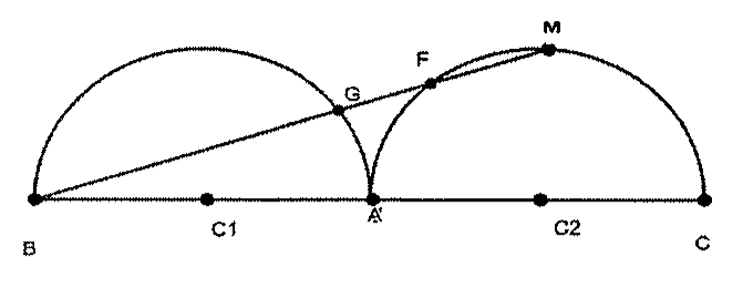 Dois semicírculos lado a lado sobre o segmento BC, com centros C1 e C2 e ponto A comum entre eles; um segmento parte de B e passa por G (no primeiro semicírculo) e F até M (no segundo semicírculo).