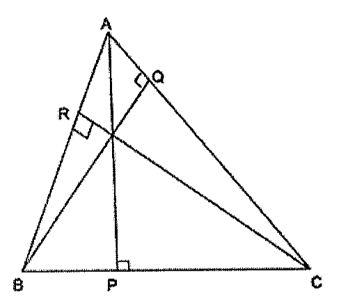 Triângulo ABC com as alturas AP (P em BC), BQ (Q em AC) e CR (R em AB), com marcas de ângulo reto em P, Q e R.