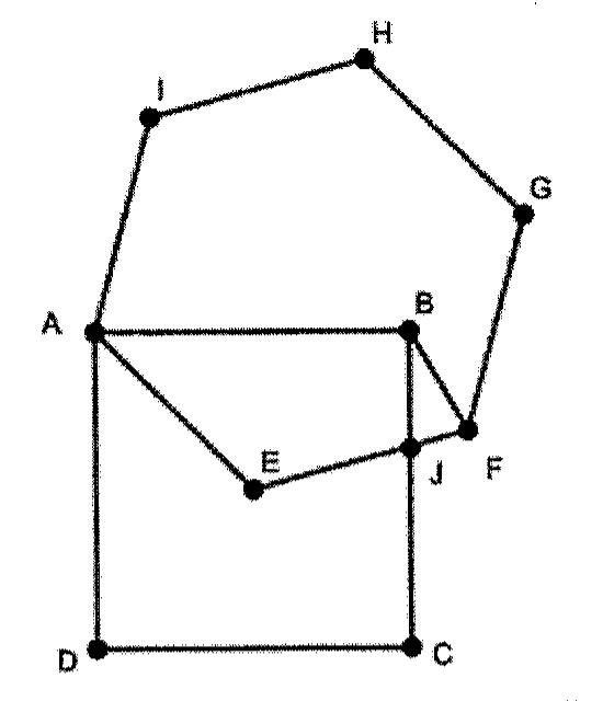Quadrado ABCD e hexágono AEFGHI com vértice comum A; o vértice E fica no interior do quadrado e o segmento EF cruza o lado BC no ponto J; o segmento BF forma o triângulo BJF.