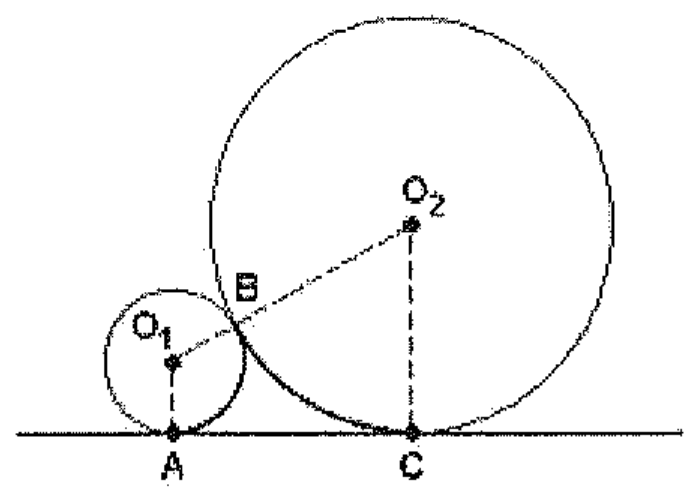 Circunferência menor de centro O1 e circunferência maior de centro O2, tangentes entre si no ponto B e apoiadas sobre uma reta horizontal nos pontos A e C.