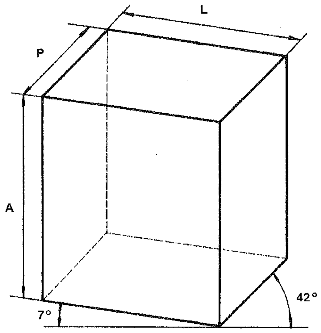 Paralelepípedo em perspectiva bimétrica com largura L, altura A e profundidade P cotadas; arestas inclinadas a 7° e 42° em relação à horizontal.