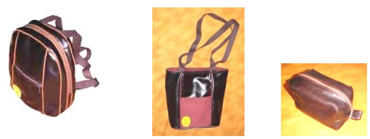 Três fotografias de produtos de couro vegetal: uma mochila, uma bolsa sacola e uma nécessaire.