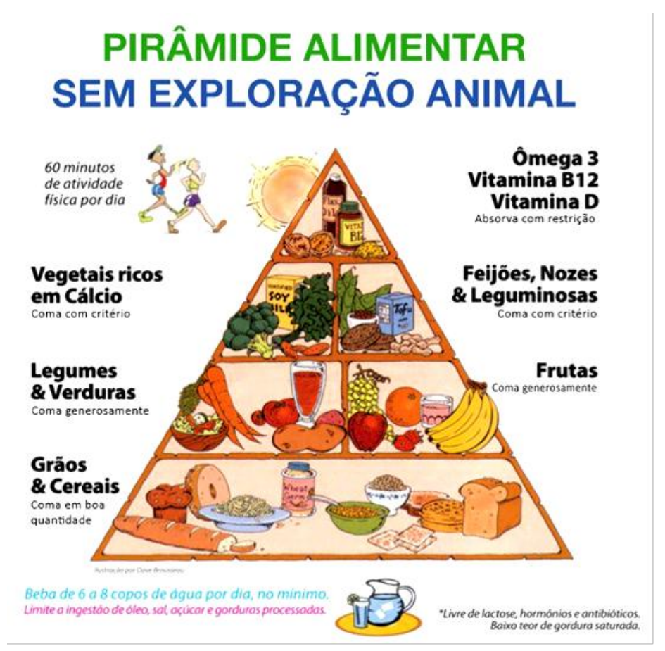Infográfico “Pirâmide alimentar sem exploração animal”. Da base ao topo: Grãos & Cereais (coma em boa quantidade); Legumes & Verduras (coma generosamente) e Frutas (coma generosamente); Vegetais ricos em Cálcio (coma com critério) e Feijões, Nozes & Leguminosas (coma com critério); no topo, Ômega 3, Vitamina B12, Vitamina D (absorva com restrição). Ao lado, figura de corredores com “60 minutos de atividade física por dia”. Rodapé: “Beba de 6 a 8 copos de água por dia, no mínimo. Limite a ingestão de óleo, sal, açúcar e gorduras processados.” e “*Livre de lactose, hormônios e antibióticos. Baixo teor de gordura saturada.”