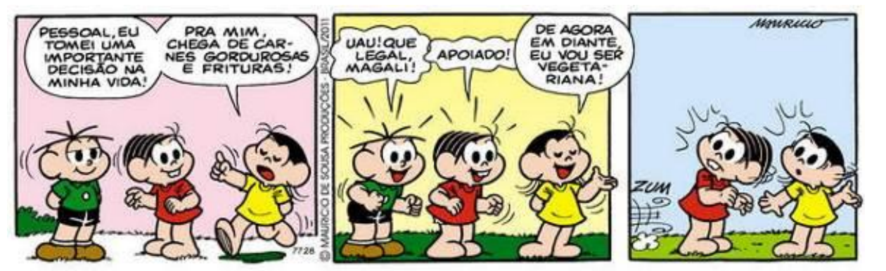 Tira da Turma da Mônica em três quadrinhos. 1) Magali, diante de Cebolinha e Mônica: “Pessoal, eu tomei uma importante decisão na minha vida!” “Pra mim, chega de carnes gordurosas e frituras!” 2) Cebolinha: “Uau! Que legal, Magali!” Mônica: “Apoiado!” Magali: “De agora em diante, eu vou ser vegetariana!” 3) Sem falas: restam Mônica e Magali, com traços de movimento sobre a cabeça; à esquerda, linhas de deslocamento, poeira e a onomatopeia “zum” no lugar onde estava Cebolinha.
