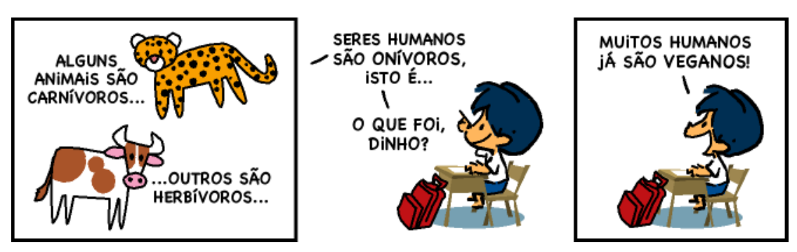Tira do Armandinho em três quadrinhos. 1) Uma onça e uma vaca, com os textos “Alguns animais são carnívoros...” e “...outros são herbívoros...”. 2) Armandinho na carteira escolar: “Seres humanos são onívoros, isto é...”, e uma voz pergunta: “O que foi, Dinho?” 3) Armandinho: “Muitos humanos já são veganos!”