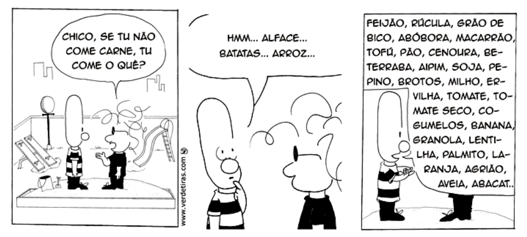 Tira em três quadrinhos. 1) Um personagem pergunta a outro: “Chico, se tu não come carne, tu come o quê?” 2) Chico responde: “Hmm... alface... batatas... arroz...” 3) Um balão grande lista: “Feijão, rúcula, grão de bico, abóbora, macarrão, tofu, pão, cenoura, beterraba, aipim, soja, pepino, brotos, milho, ervilha, tomate, tomate seco, cogumelos, banana, granola, lentilha, palmito, laranja, agrião, aveia, abacat...”