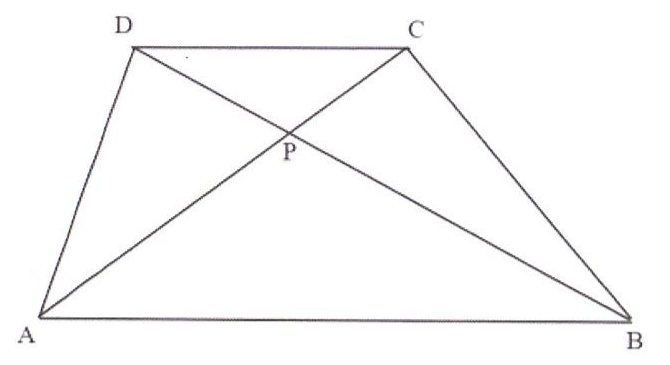 Figura 6: trapézio ABCD com base maior AB embaixo (A à esquerda, B à direita) e base menor DC em cima (D à esquerda, C à direita); as diagonais AC e BD se cruzam no ponto P.