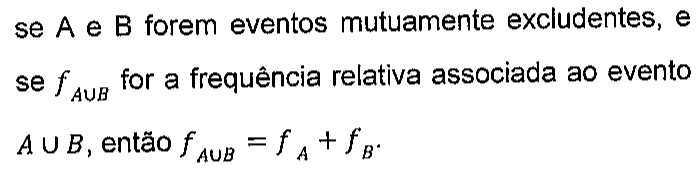 se A e B forem eventos mutuamente excludentes, e se f índice A união B for a frequência relativa associada ao evento A ∪ B, então f índice A união B = f índice A + f índice B.