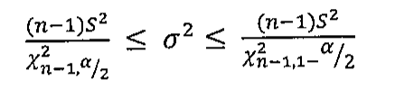 (n − 1)S² sobre qui-quadrado com índice n − 1, α/2 ≤ σ² ≤ (n − 1)S² sobre qui-quadrado com índice n − 1, 1 − α/2.