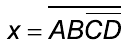 x igual à negação (barra) do produto A·B·(negação de C·D); ou seja, x = NOT(A·B·NOT(C·D)).