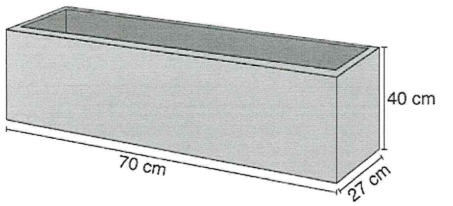 Recipiente em formato de paralelepípedo (caixa aberta) com 70 cm de comprimento, 27 cm de largura e 40 cm de altura.