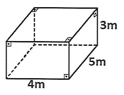 Paralelepípedo retângulo em perspectiva, com arestas ocultas tracejadas e marcas de ângulo reto nos vértices; medidas indicadas: 3m de altura, 5m de largura e 4m de comprimento.