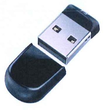Fotografia de um pendrive pequeno, preto e prateado.