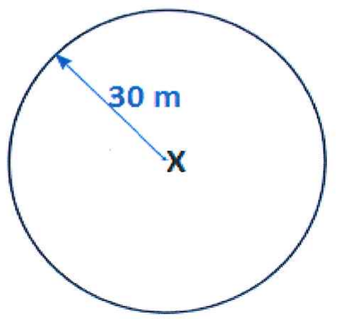 Circunferência com o ponto X no centro e um raio indicado com a medida 30 m.