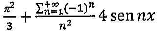π²/3 mais somatório de n = 1 a mais infinito de (−1)^n sobre n², vezes 4 sen nx.