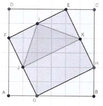 Malha quadriculada 6 x 6 formando o quadrado ABCD (A embaixo à esquerda, B embaixo à direita, C em cima à direita, D em cima à esquerda). Inscrito nele, o quadrado inclinado EFGH, com E no lado DC, H no lado CB, G no lado AB e F no lado DA. O triângulo com vértices I, K e J, pontos médios de lados do quadrado EFGH, aparece sombreado.
