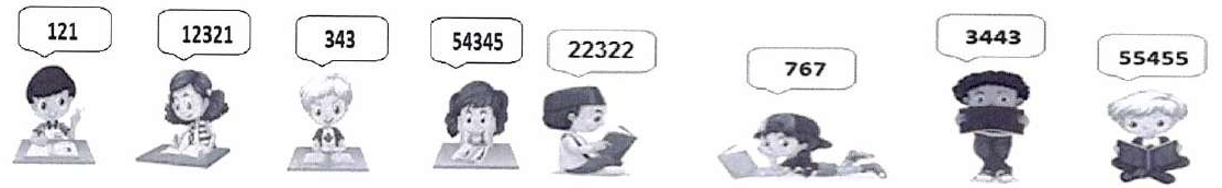 Oito crianças com balões mostrando os números 121, 12321, 343, 54345, 22322, 767, 3443 e 55455.