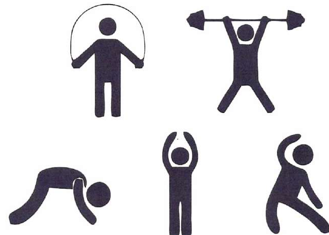 Cinco pictogramas de pessoas fazendo exercícios físicos: pular corda, levantar peso, alongamento curvado, braços para cima e alongamento lateral.