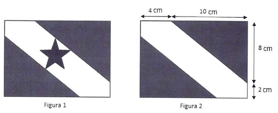 Figura 1: bandeira do Pará, retângulo com faixa branca diagonal e estrela. Figura 2: bandeira sem estrela com medidas: no lado superior, 4 cm e 10 cm; no lado direito, 8 cm e 2 cm.