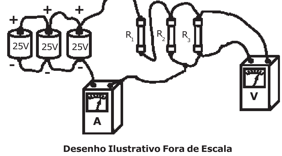 Circuito com três pilhas de 25 V ligadas em paralelo, alimentando os resistores R₁, R₂ e R₃, com um amperímetro (A) e um voltímetro (V) conectados por fios. Desenho ilustrativo fora de escala.