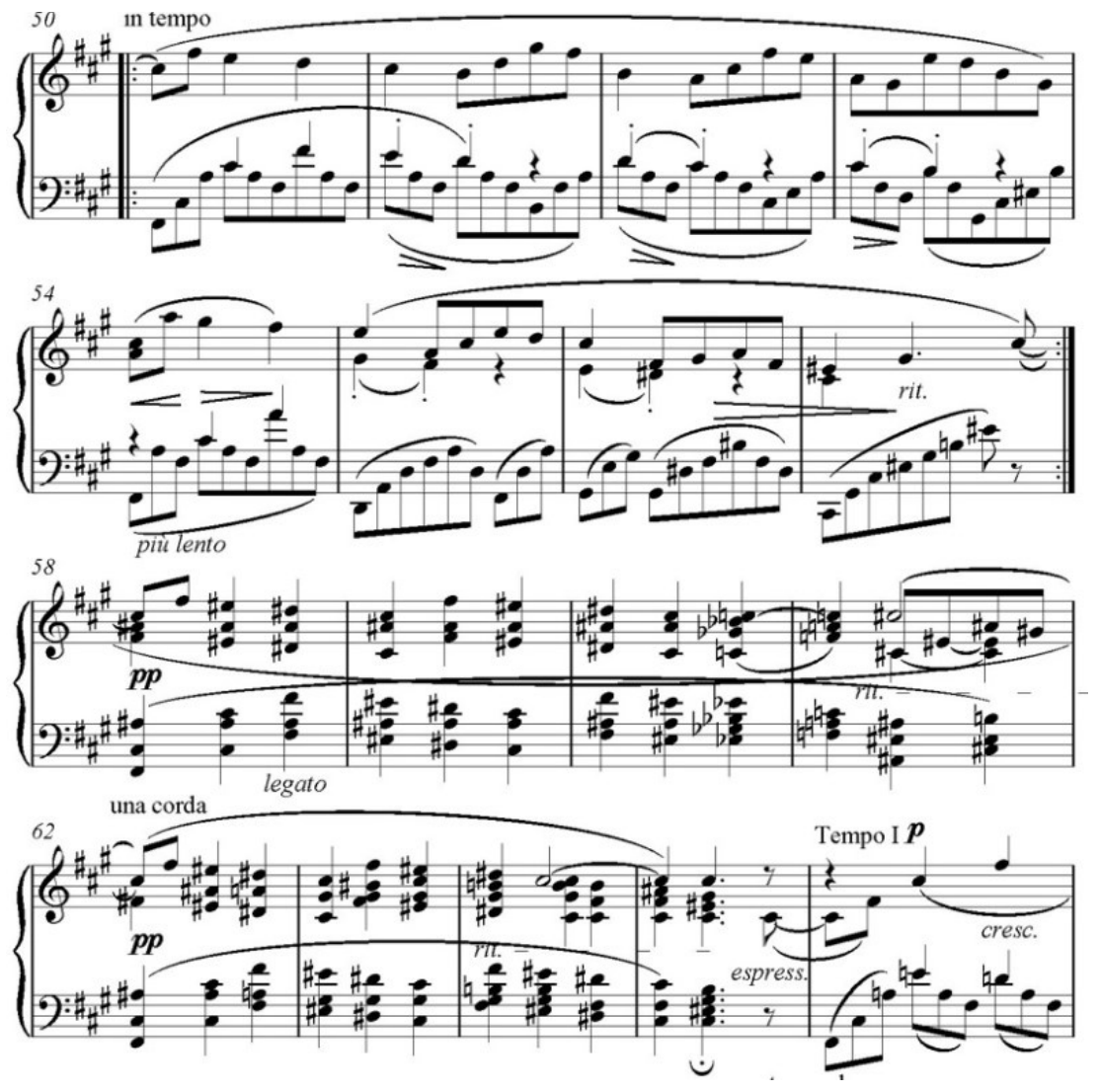 Partitura para piano, compassos 50 a 65, em armadura com quatro sustenidos, com indicações como in tempo, più lento, rit., legato, una corda, pp, Tempo I, p, espress. e cresc.