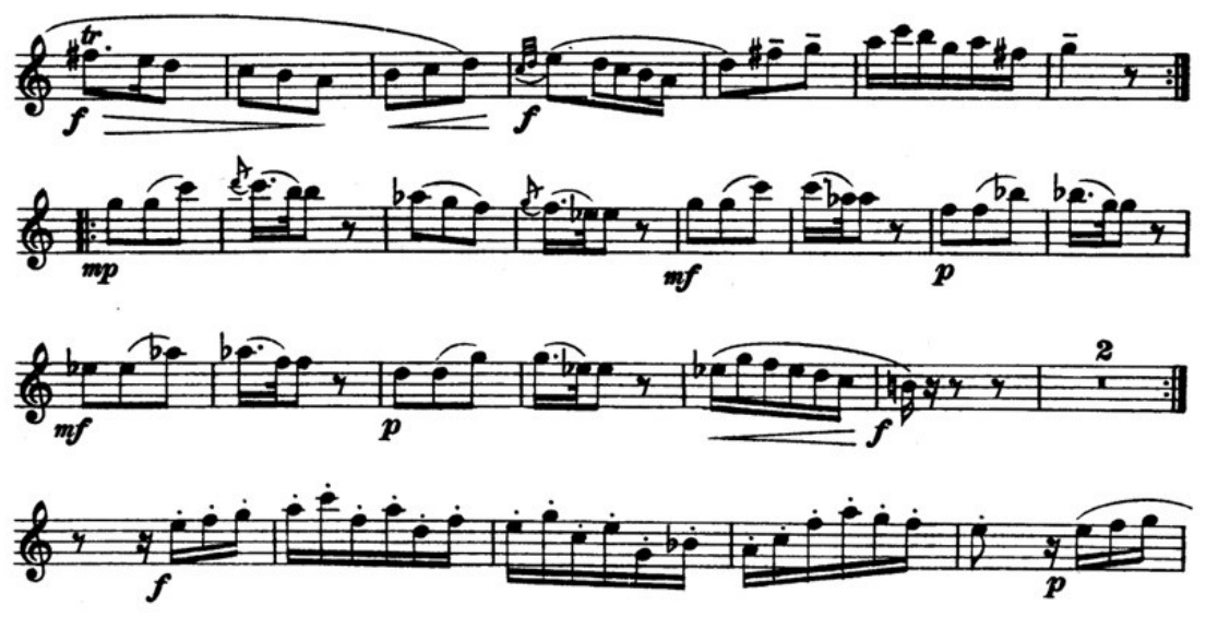 Trecho melódico em clave de sol, em quatro sistemas, sem fórmula de compasso, com ligaduras, ornamentos e indicações de dinâmica f, mp, mf e p.