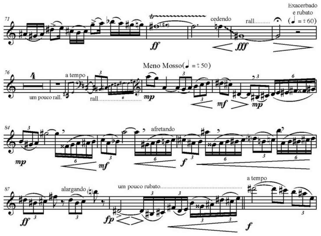 Trecho melódico em clave de sol, compassos 71 a 89, com quiálteras, trinado, indicações cedendo, rall., Exacerbado e rubato, a tempo, um pouco rall., Meno Mosso, afretando, alargando e um pouco rubato, e dinâmicas como ff, fff, mp, mf, f e fp.