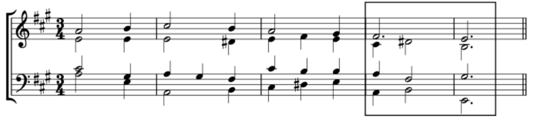 Fragmento de coral a quatro vozes em duas pautas (claves de sol e de fá), compasso 3/4, armadura com três sustenidos; os compassos 4 e 5 estão destacados por um retângulo.