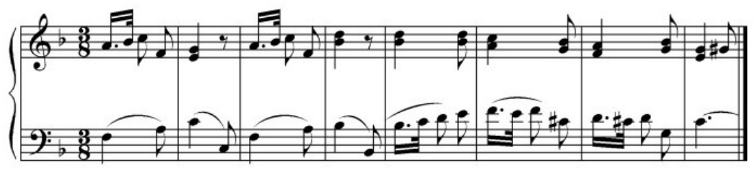 Trecho para piano em clave de sol e clave de fá, compasso 3/8, armadura com um bemol, oito compassos.