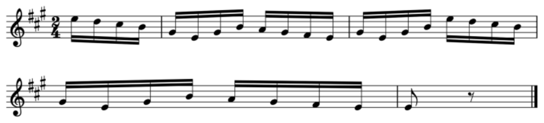 Trecho melódico em clave de sol, compasso 2/4, armadura com três sustenidos, em dois sistemas, predominantemente em semicolcheias.