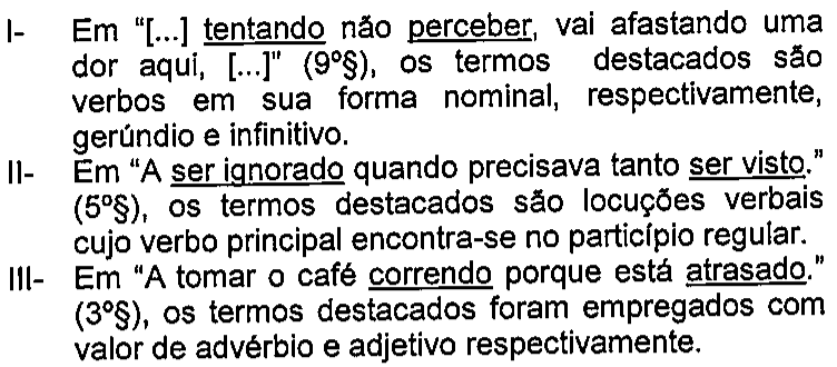 Afirmações I a III com os termos sublinhados: “tentando” e “perceber” (I); “ser ignorado” e “ser visto” (II); “correndo” e “atrasado” (III).