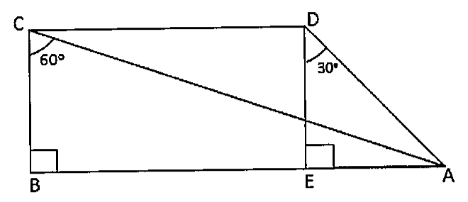 Figura: retângulo BCDE com C e D no alto e B e E na base; o ponto A está à direita de E, alinhado com a base BE. Estão traçados os segmentos CA e DA. Há ângulo de 60° em C, entre CB e CA, e ângulo de 30° em D, entre DE e DA. Há ângulos retos em B e em E.