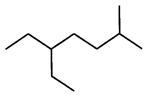 Fórmula estrutural em linhas (bastão) de um hidrocarboneto ramificado de cadeia principal com sete carbonos, com uma ramificação de dois carbonos e outra de um carbono.