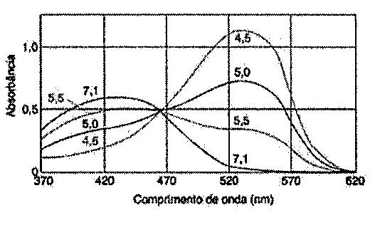Gráfico de absorbância (0 a 1,0) versus comprimento de onda (370 a 620 nm) com curvas de vermelho de metila em pH 4,5; 5,0; 5,5 e 7,1, que se cruzam em um ponto comum próximo de 470 nm.