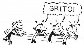 Ilustração em preto e branco de quatro meninos correndo em pânico; um deles, à esquerda, aponta algo com a mão; balão de fala sobre o grupo com a palavra “GRITO!”.