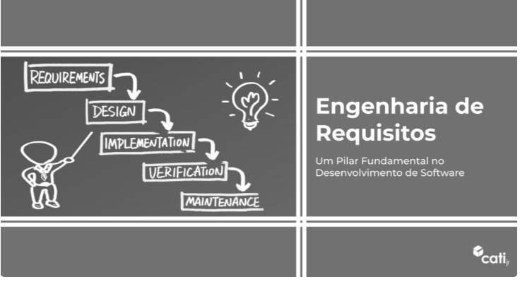 Ilustração com o título “Engenharia de Requisitos — Um Pilar Fundamental no Desenvolvimento de Software” e logotipo “cati jr”: desenho de uma pessoa apontando para uma escada de etapas ligadas por setas — REQUIREMENTS, DESIGN, IMPLEMENTATION, VERIFICATION e MAINTENANCE — ao lado de uma lâmpada.