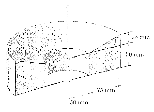 Sólido de alumínio em forma de meio anel gerado pela rotação de 180° de uma área trapezoidal em torno do eixo z; cotas de 25 mm, 50 mm, 75 mm e 50 mm.