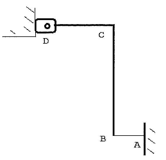 Barra DCB dobrada em L: articulação em D, segmento DC horizontal, segmento CB vertical, fio horizontal AB preso a uma parede em A.