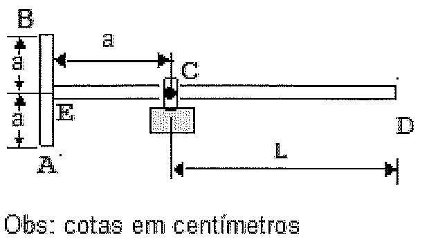 Arame fino com trecho vertical AB de comprimento 2a (a acima e a abaixo de E), trecho horizontal de E a C de comprimento a e trecho CD de comprimento L; observação: cotas em centímetros.