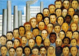 Reprodução da tela “Operários” (1933), de Tarsila do Amaral: dezenas de rostos de homens e mulheres de diferentes etnias, dispostos lado a lado em diagonal, tendo ao fundo, à esquerda, chaminés de fábrica e um prédio industrial.