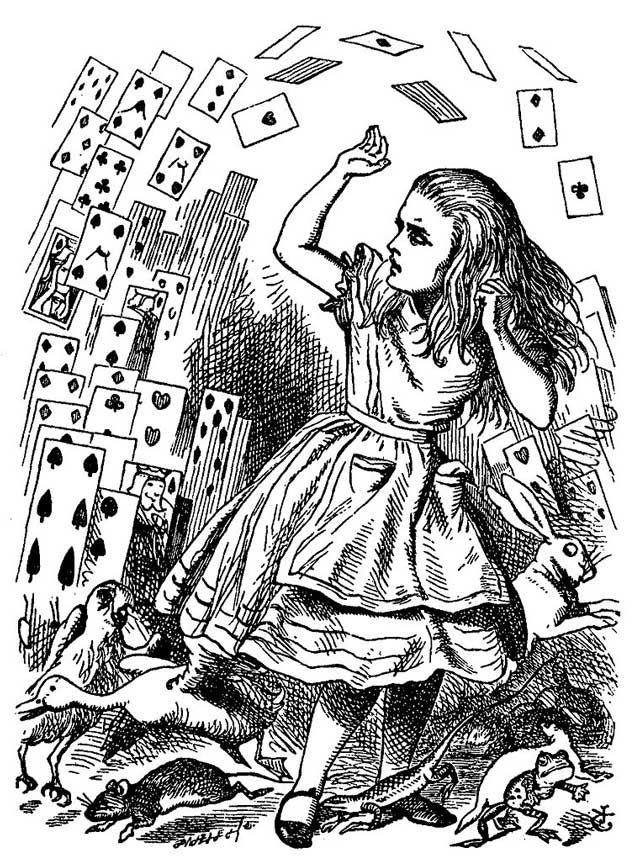 Ilustração em preto e branco de John Tenniel: Alice, de cabelos longos e vestido com avental, ergue um braço e leva a outra mão ao rosto enquanto uma revoada de cartas de baralho cai sobre ela; aos seus pés, aves e pequenos animais se agitam.