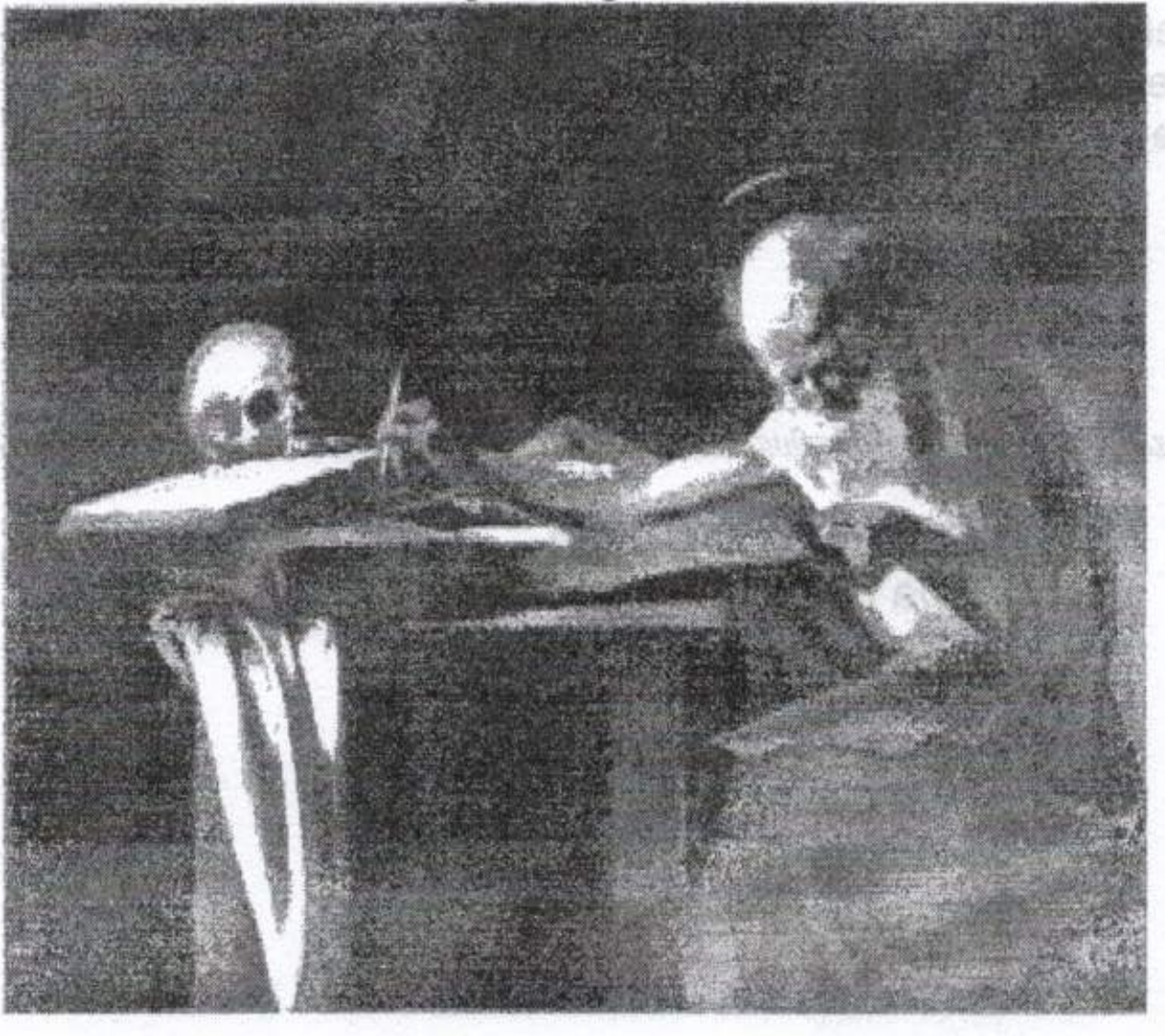 Reprodução em preto e branco de pintura: um homem idoso, calvo e com auréola, inclinado sobre livros abertos numa mesa, escrevendo com uma pena; à esquerda, sobre a mesa, um crânio e um pano branco pendente.